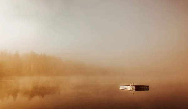 View Boat Dock Lac Superieur Misty Morning Fog Laurentides Mont — Stock Photo, Image