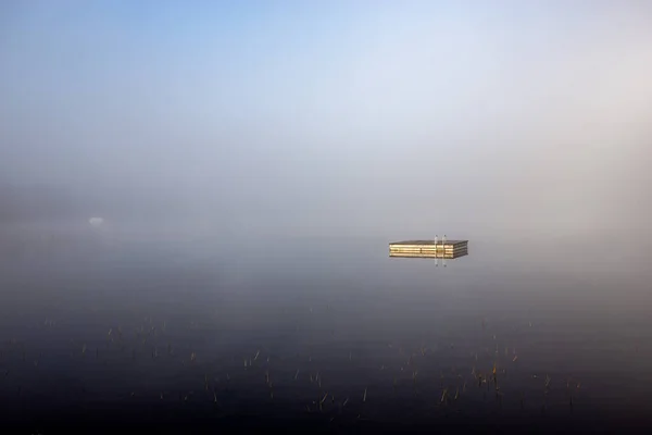 View Boat Dock Lac Superieur Misty Morning Fog Laurentides Mont — Stock Photo, Image