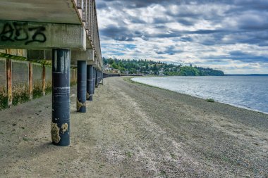 Redondo Beach, Washington boardwalk altında bir görünüm. Gelgit düşüktür.