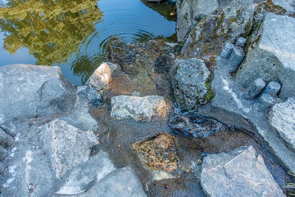 Eau Coule Sur Les Rochers Dans Étang Seatac Washington — Photo