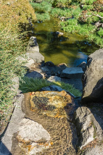Water Stroomt Een Vijver Van Bovenaf Tyholmen Washington — Stockfoto