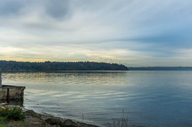 Rainier Dağı bir görünüm altında kalın bulutlar.
