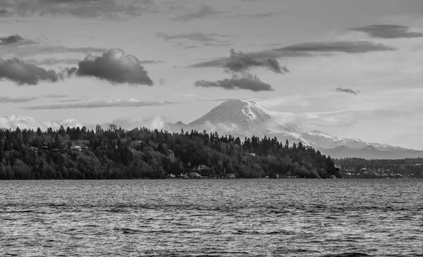 Mount Rainier Puget Sound Arasında Bir Görüntü Siyah Beyaz Resim — Stok fotoğraf