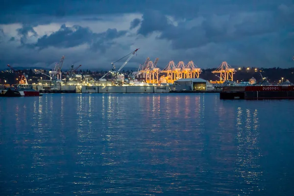Una Vista Sullo Skyline Del Porto Seattle Sera — Foto Stock
