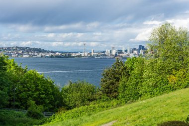 Çimenli bir tepenin manzarası ve Seattle silueti Batı Seattle, Washington 'dan.