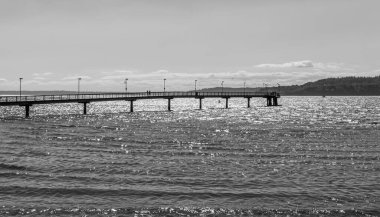 Parlak güneş Washington 'daki Des Moines rıhtımındaki suya yansıdı..