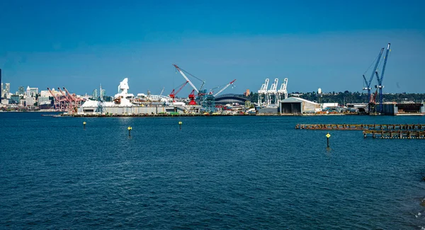 Washington 'daki Seattle Limanı' nda vinç manzarası.