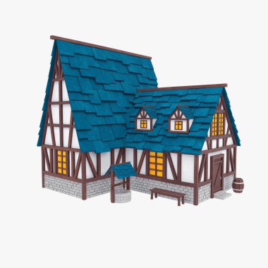 Stilize Ortaçağ evi. Tudor mimarisi. 3D çizim 