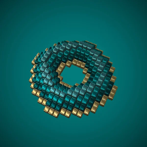 Teal and gold voxel donut. 3d illustration