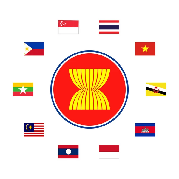 Bandeira dos países membros no Sudeste Asiático em torno do emblema da ASEAN — Vetor de Stock