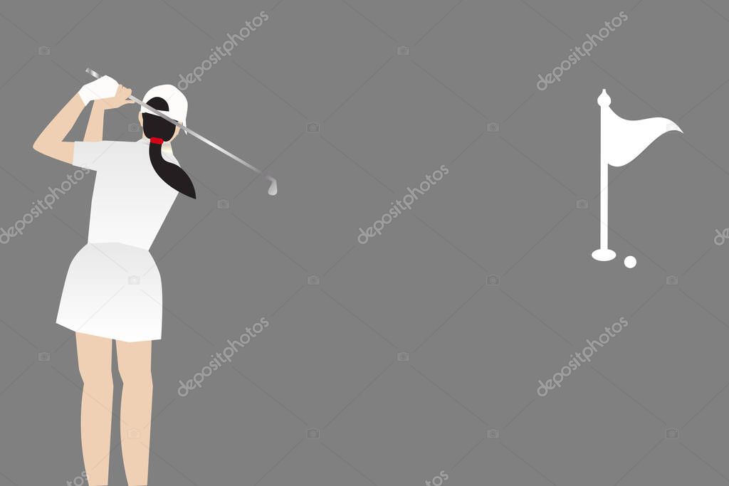 Golf player back side,  female Golfer, Sport woman playing golf, Pretty gir playing gofl on white dress