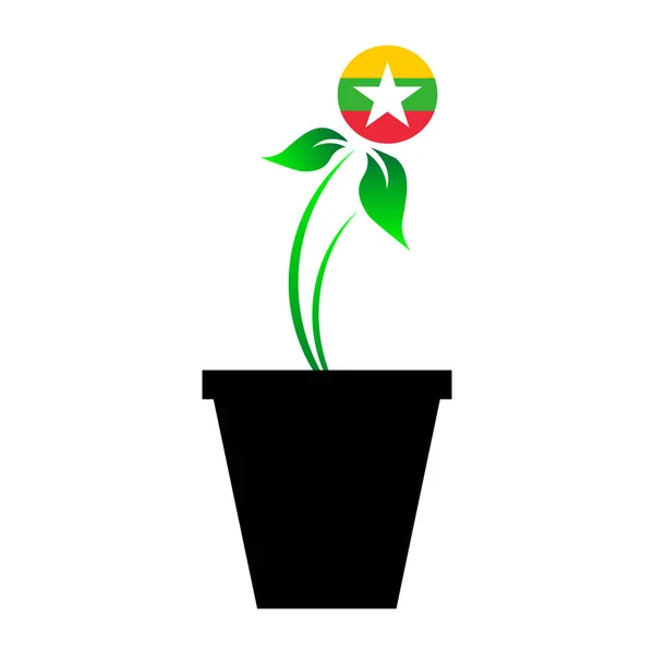 Flagge von Myanmar im Emoji-Design wächst als Bäumchen in der Vase, b — Stockvektor