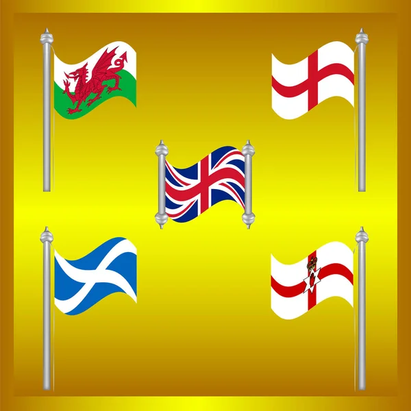 Bandera voladora del país en el Reino Unido aislar en fram de oro — Vector de stock