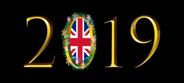 La bannière de l'année 2019 avec couronne florale en drapeau britannique , — Image vectorielle