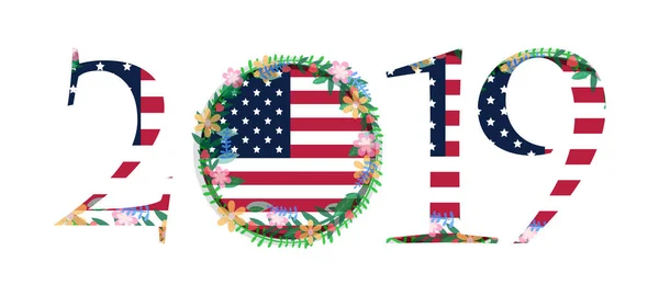Bandiera anno 2019 con corona floreale nella bandiera americana, New ye — Vettoriale Stock