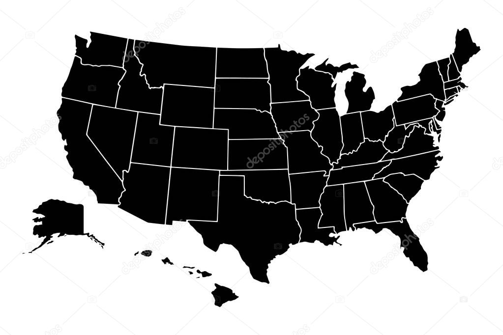 Map of United States Of America with states separated