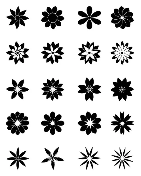 Flor simple, conjunto de 20 flores en blanco y negro — Vector de stock