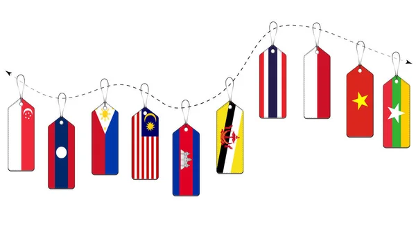 悬挂在绳子上的东南亚国家的国旗 — 图库矢量图片