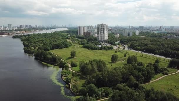 Moscú Rusia Canal Moscú Severnoye Tushino Park Mosca Del Dron — Vídeo de stock
