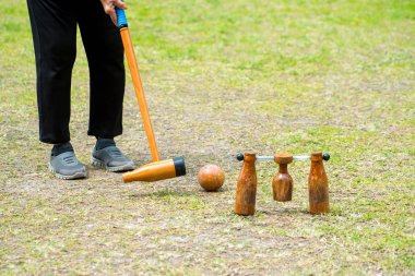 Woodball, spor malzemeleri, spor Woodball bir spor gibi Woodball kimin kafası son derece ahşap bira şişesi gibi görünüyor bir çekiç ile oynanır golf oynamanın bir yolu.