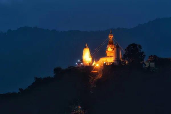 Katmandu Nepal Alacakaranlıkta Swayambhunath Maymun Tapınakta Stupa Görünümünü — Stok fotoğraf