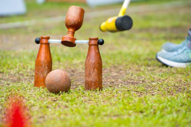 Woodball, spor malzemeleri, spor Woodball bir spor gibi Woodball kimin kafası son derece ahşap bira şişesi gibi görünüyor bir çekiç ile oynanır golf oynamanın bir yolu.