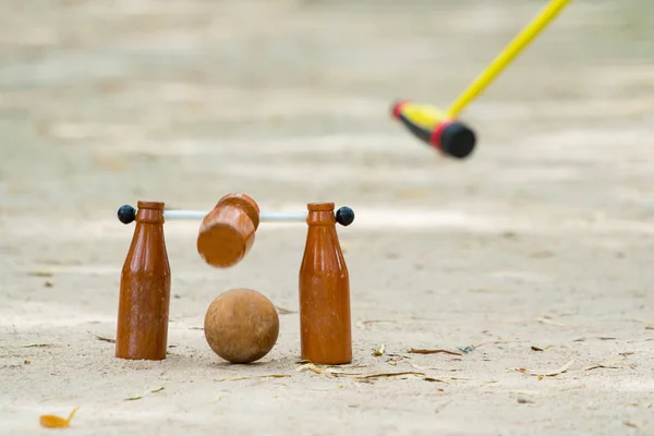 运动器材 运动木球作为一种像高尔夫一样运动的方式 是用一个小马上来玩的 木棍的头看起来非常像一个木制的啤酒瓶 — 图库照片