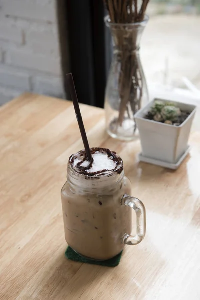 Iced Coffee Wooden Table Pot Cactus Background Cafe — Stock Photo, Image