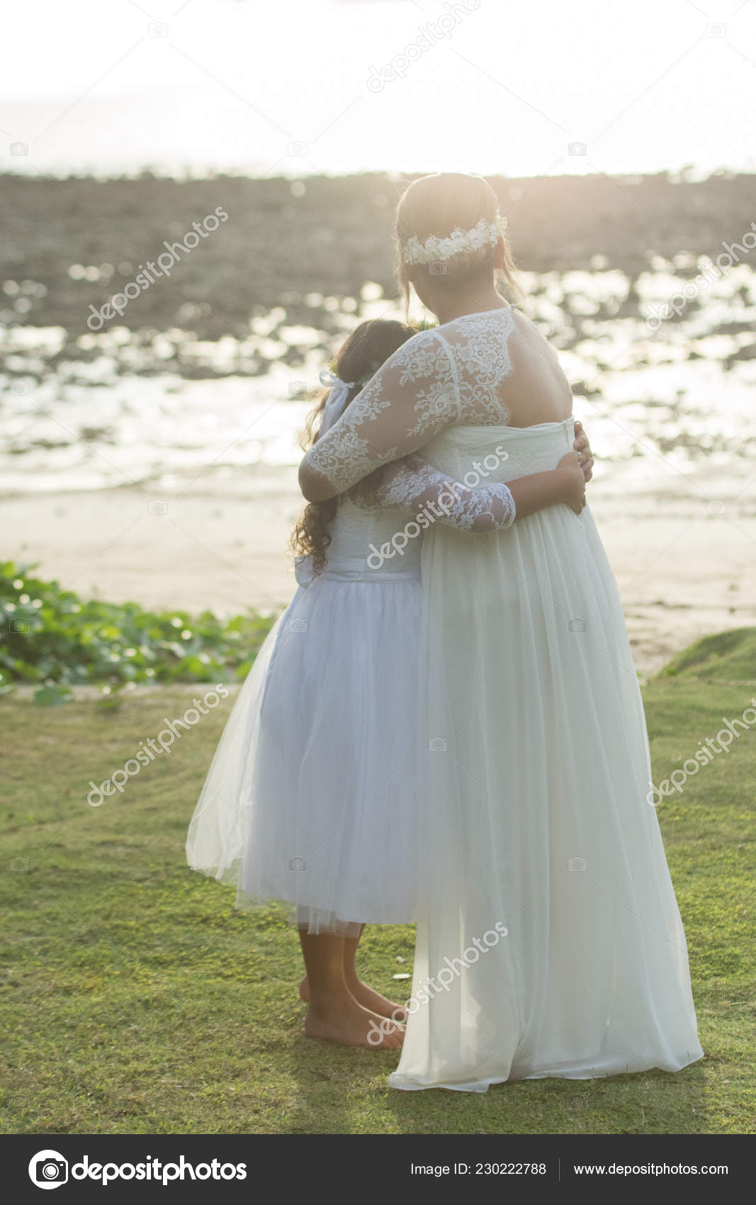 Mom Dress White Bridal Gown Hug Daughter Wedding Day Sea Stock