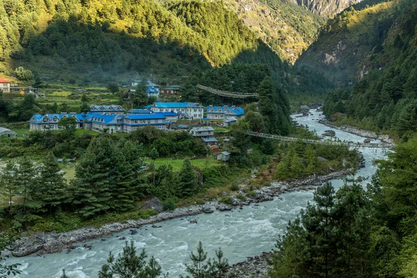 Pueblo Everest Ruta Trekking Con Hermosa Vista Montaña Río — Foto de Stock