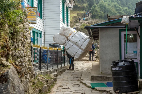 Porteadores Sherpa Que Llevan Sacos Pesados Himalaya Everest Base Camp — Foto de Stock