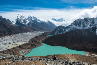 Panorama beautiful view of Gokyo village with Gokyo lake and snow mountain in background on everest base camp trekking route region,Nepal clipart