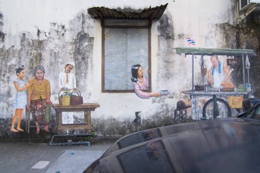 Duvar sanat eseri bir ikonik karakteri 'Constantinus' tarafından sanatçı Alex yüzüne Phuket tarihi kent sokak, Tayland