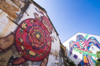 Duvar sanat eseri bir ikonik karakteri 'Constantinus' sanatçı Alex yüzüne Phuket tarihi kent sokak, Thailan tarafından