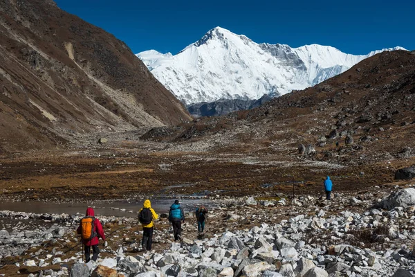 Trekker Piedi Dal Villaggio Gokyo Passo Renjola Sul Campo Base — Foto Stock