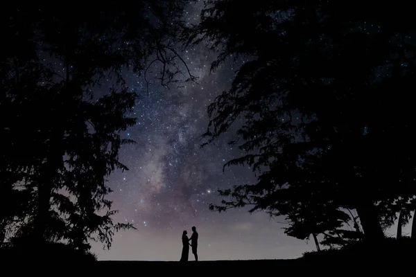 stock image Milky Way with people under frame of tree . Landscape with night