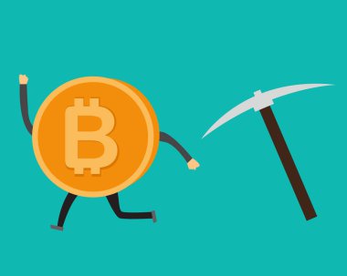 Vektör tasarım çalışan çizgi film bitcoin.