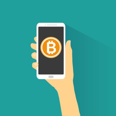 El ile bitcoin vektör akıllı telefon tutarak.
