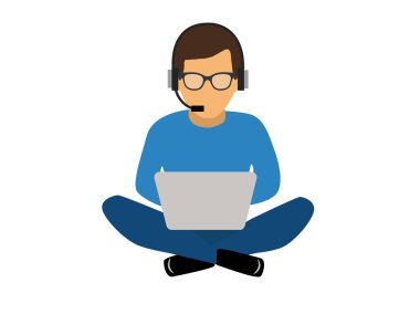 Adam kullanmak laptop beyaz arka plan vektör düz tasarım konsepti üzerinde siting.