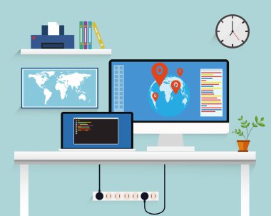 Oda ve uzun gölgeler yaratıcı office düz tasarım modeli işyerinde. 