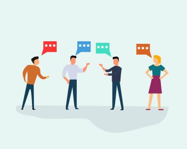 Bir grup insan ya da erkek ve kadın, siyan arka planda konuşuyor. Vektör illüstrasyon düz tasarım.