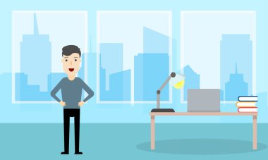 İnsanlarla modern ofis içi. Vektör basit resmi