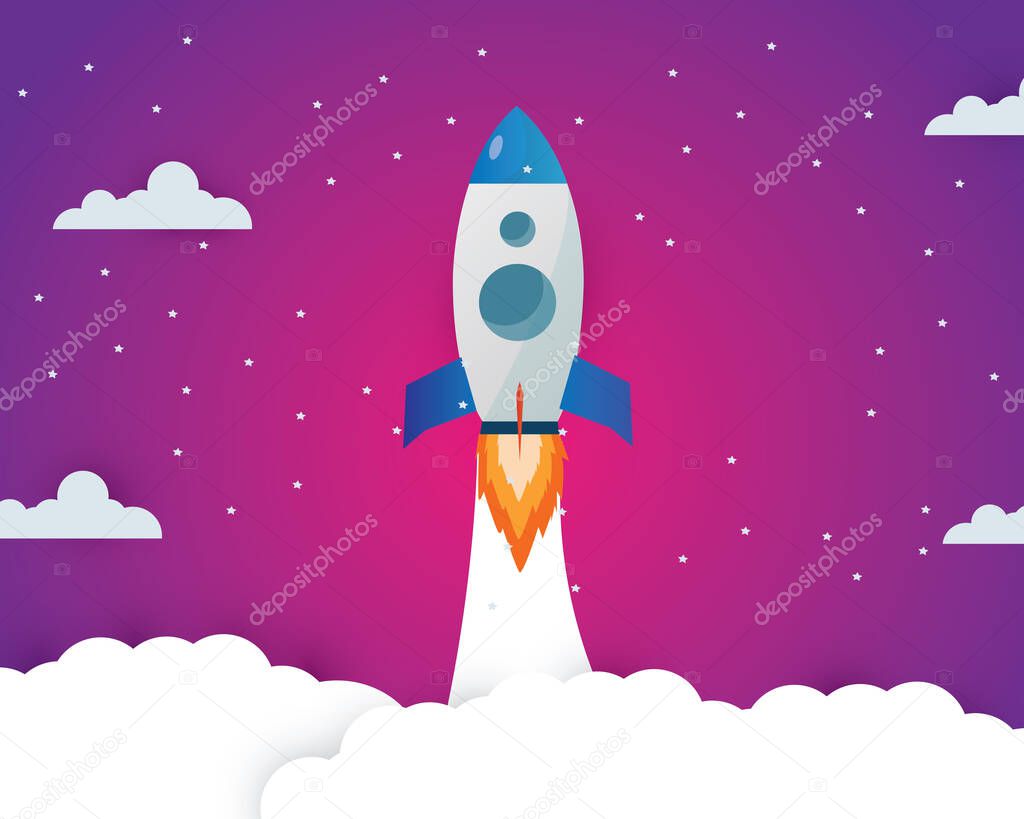 Rocket launch ship flat design vector, start up concept,moon night time on space.