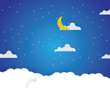Gece gökyüzü. Gece yarısı ay, yıldızlar ve bulutlar. vektör Resimleri.
