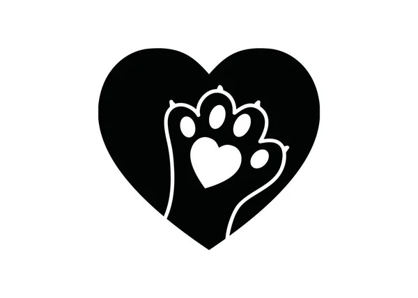 Logo simple en blanco y negro con pata de animal en el corazón — Vector de stock