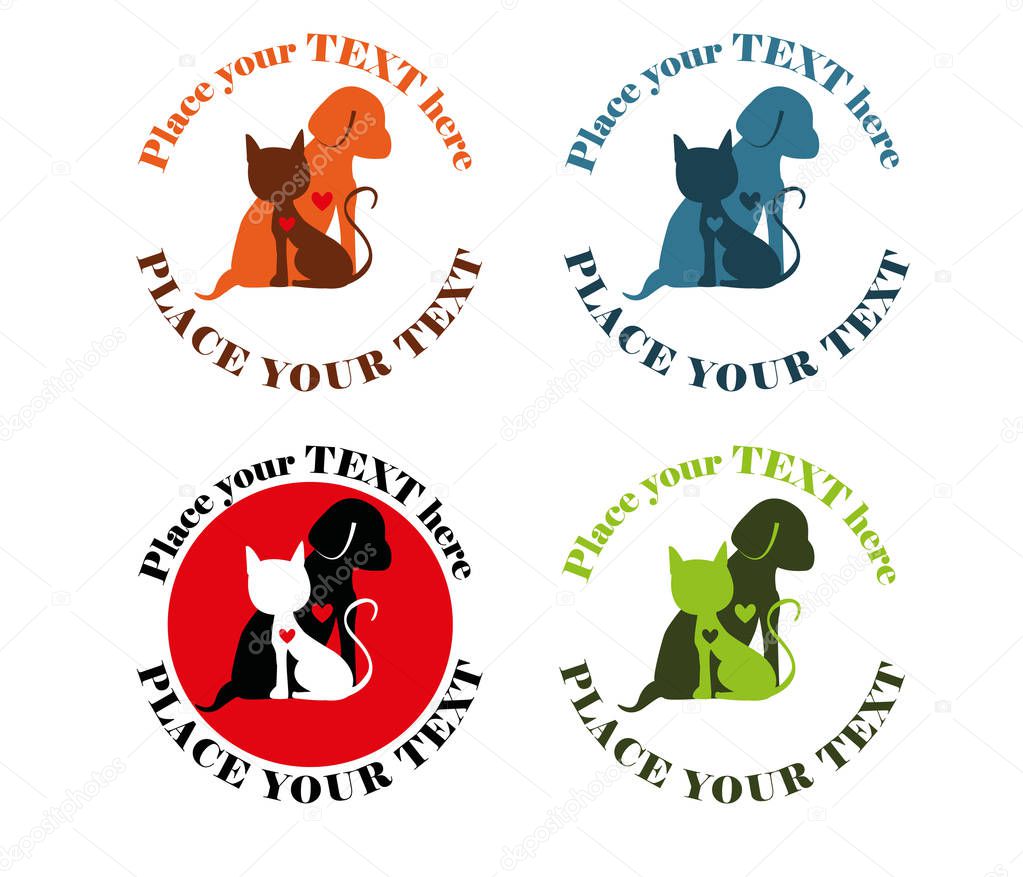 Simple logo design with cat and dog. Animals have a heart.