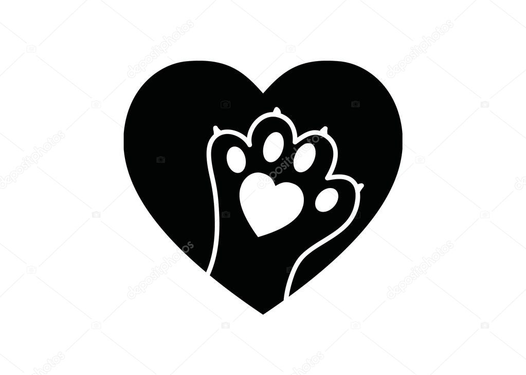 Animal paw print in heart - black and white logo for shelters, veterinary symbol, animal lovers