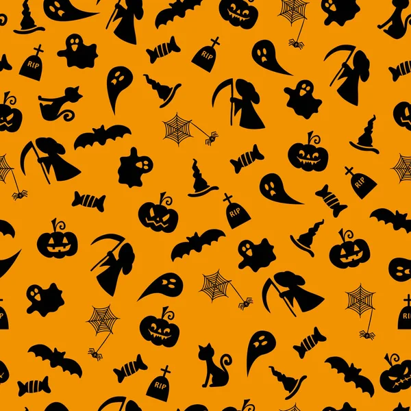 Halloween Sömlös Mönster Med Svart Halloween Ikoner Orange Bakgrund — Stockfoto