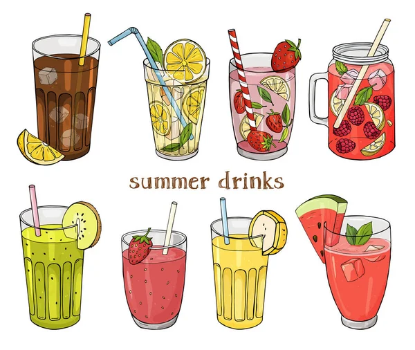 Set zomer non-alcoholische drankjes. Citroen, aardbei, framboos, watermeloen, banaan en kiwi. — Stockvector