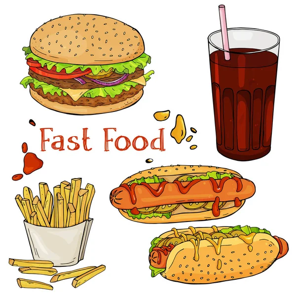 Un set di fast food disegnati a mano. Mangiare fast food per menu e pubblicità o imballaggio. Schizzo. Design vettoriale — Vettoriale Stock